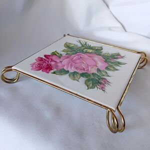 Vintage Floral Ceramic Trivet with Gold Accents Made In Italy